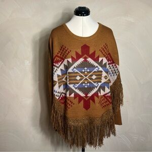 Cotton & Rye Outfitters Southwestern AZTEC Tobacco Fringe Poncho Sweater|Size:S